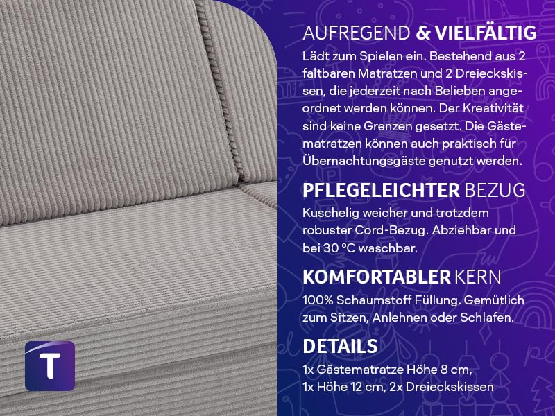 Traumnacht Abenteuer Sofa mit kuscheligem Bezug aus hochwertigem Kord Gewebe, waschbar, 81,5 x 81,5 x 12 cm, steingrau, produziert nach deutschem Qualitätsstandard