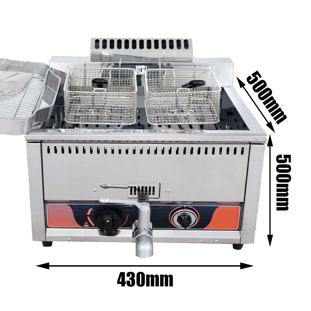Freidora Industrial De 15l, Freidora De Metano De Acero Inoxidable, Freidora De Un Solo Tanque, 2 Cestas para Freír, Cámara De Humo, Elemento Calefactor Mejorado
