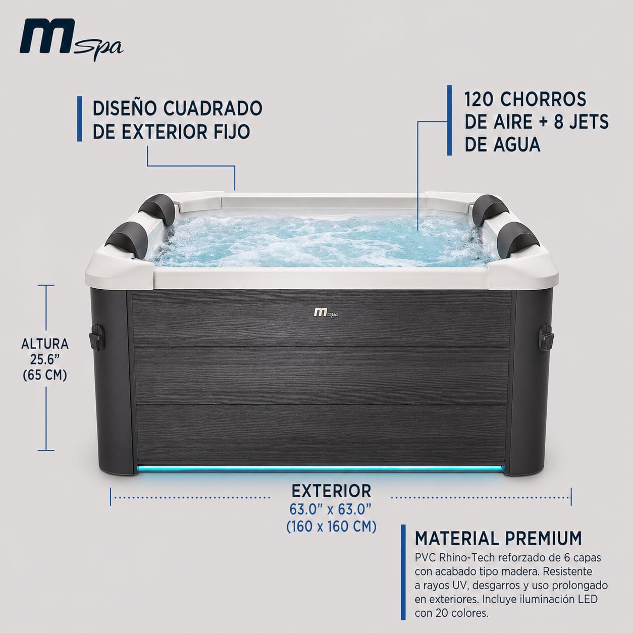 MSpa Oslo SPA rígido Cuadrado 4-6 Personas con 120 chorros Aerojet, 8 Jets de Agua, LED, UVC+, ozono y Control Inteligente