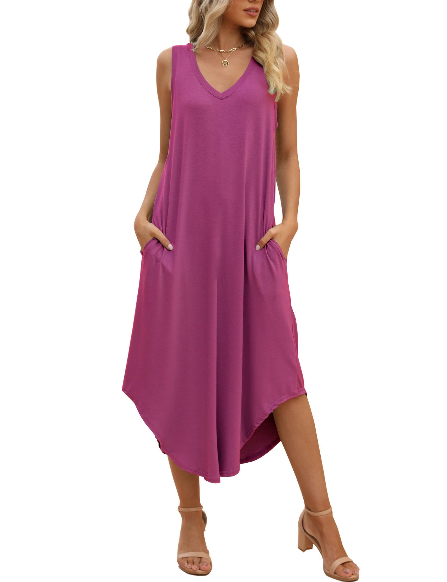 SUNDELL Women's Summer Dress Sleeveless Maxi Dresses Casual V Neck Loose Midi Dresses with Pockets