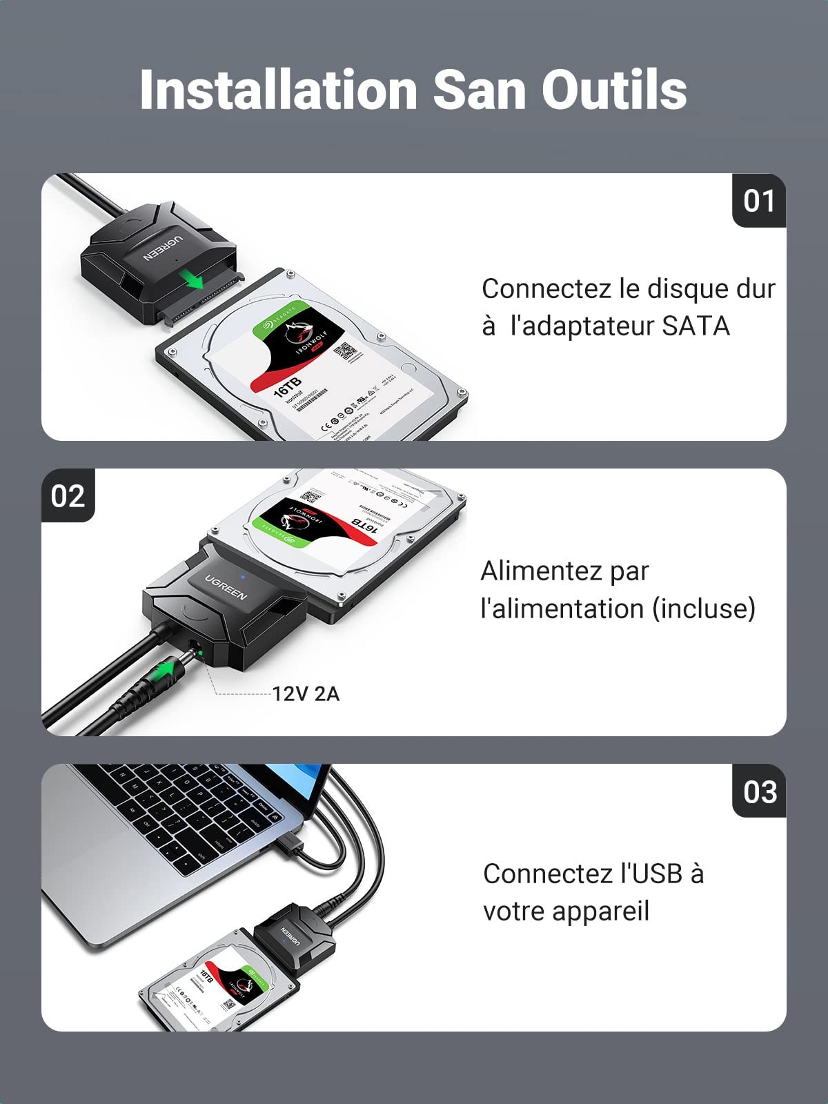 UGREEN Adaptateur USB 3.0 vers SATA Câble pour Disque Dur 2,5 3,5 Pouces HDD SSD avec Alimentation 12V 2A