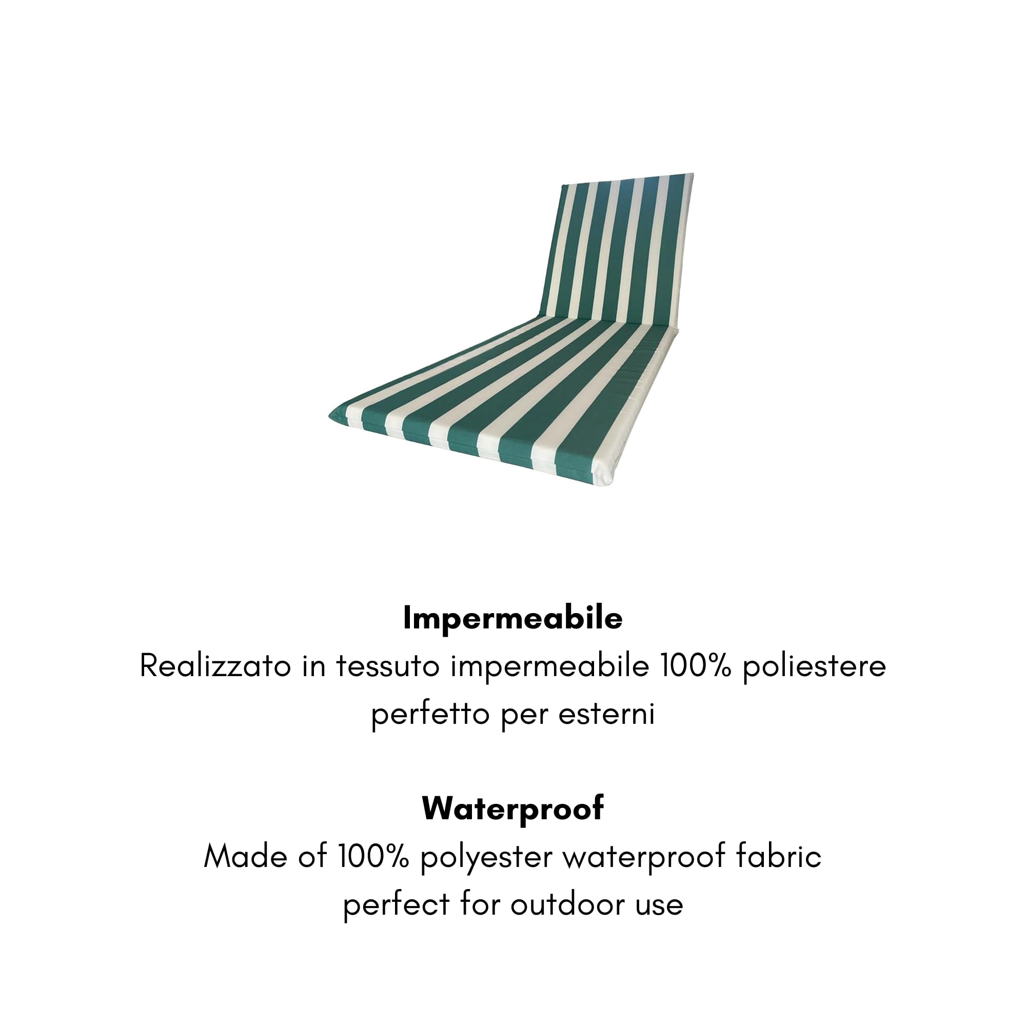 Cojín impermeable para tumbona, 190 x 60 cm, poliéster impermeable – Cojín desenfundable, fabricado en Italia (blanco y verde)