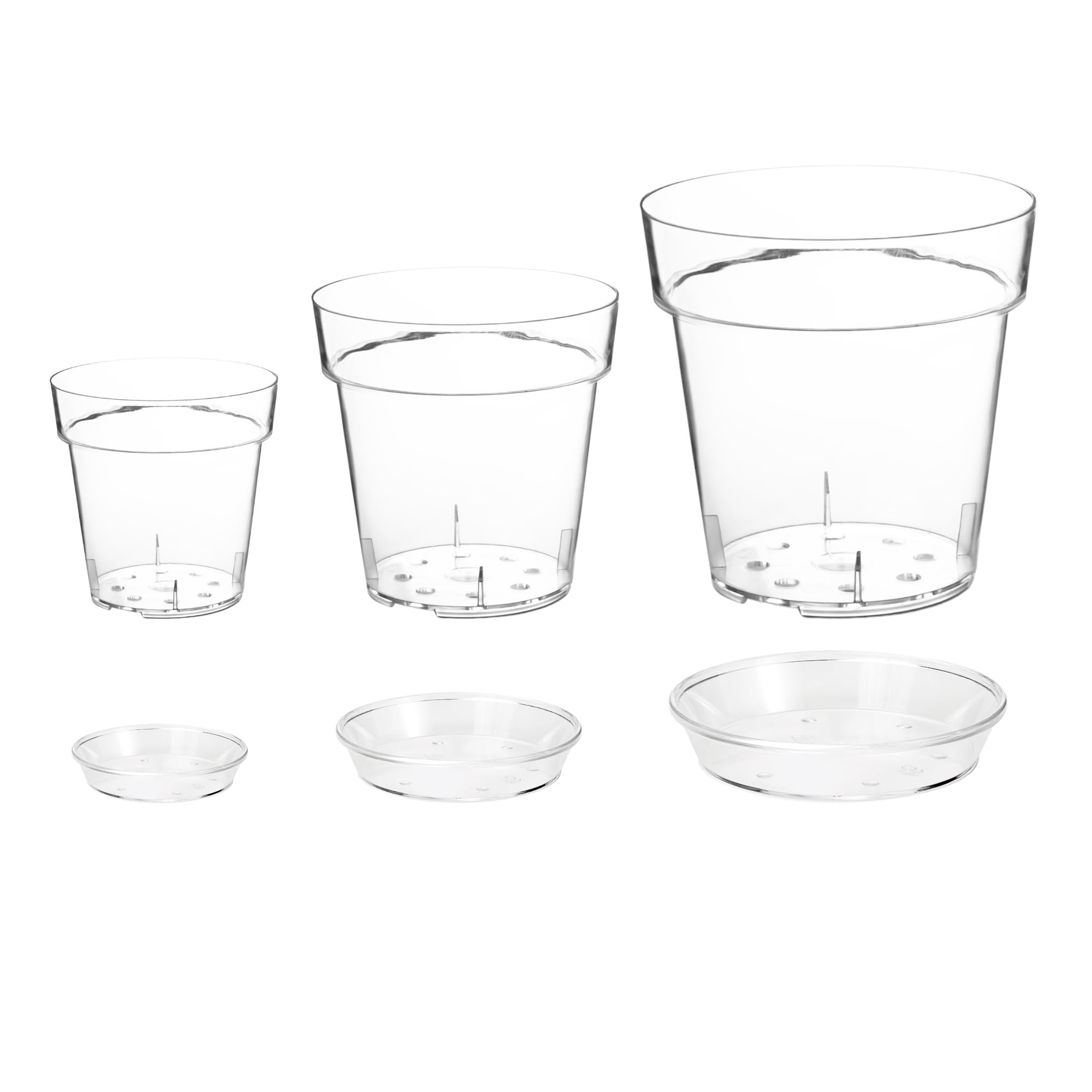 Generico Transparent Orchid Vase with Holes and Saucer, Clear Glossy Rigid Plastic, (3, Mixed 13/15/17cm)