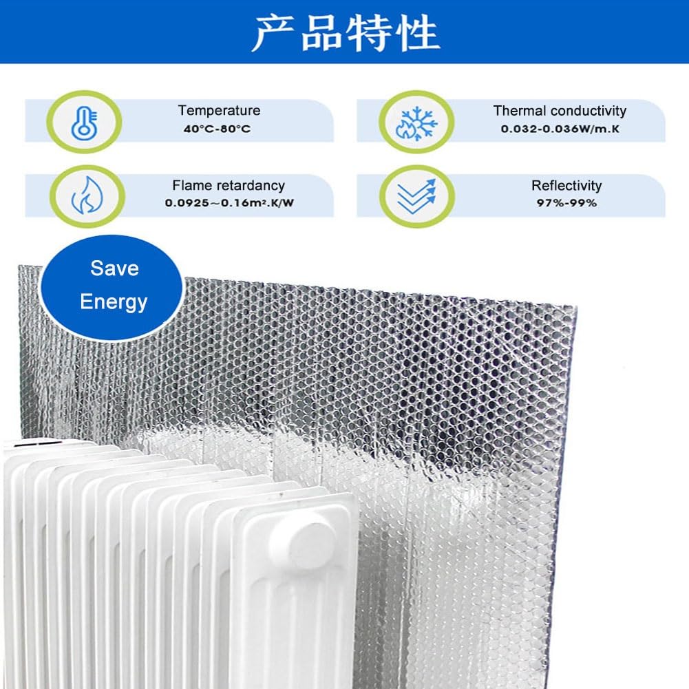 Pannello Termoriflettente per Termosifoni, Pannelli Riflettenti per Termosifoni con Nastro Adesivo, Isolante Termico Alte Temperature per Finestra Parete Vetro(W 60 x H 220 cm)