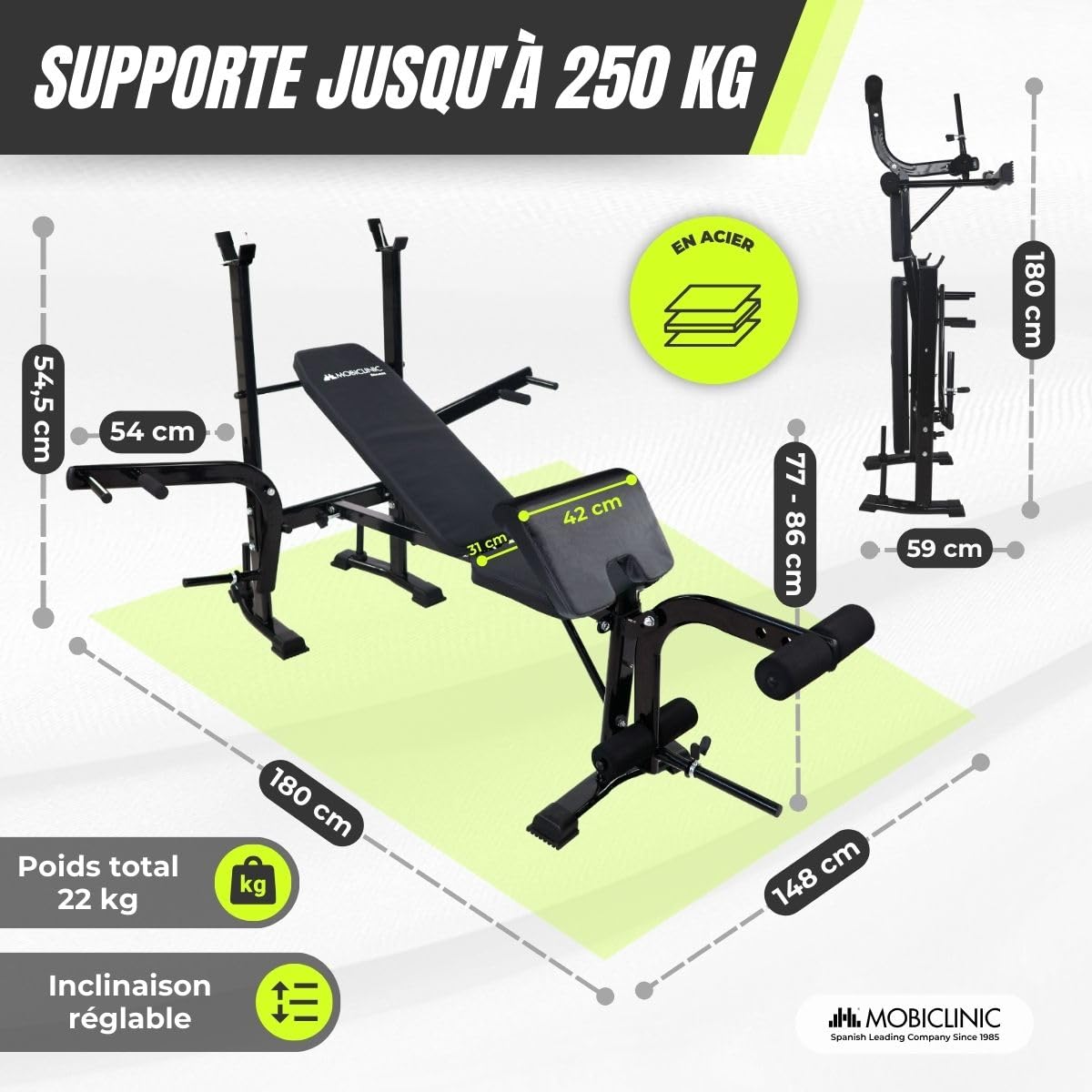Mobiclinic® fitness, Banc de musculation, Multifonctionnel, Pressfit, Ajustable, Pliable, Acier, Supporte jusqu'à 250 kg, Support pour barres, Idéal les exercices force à la maison