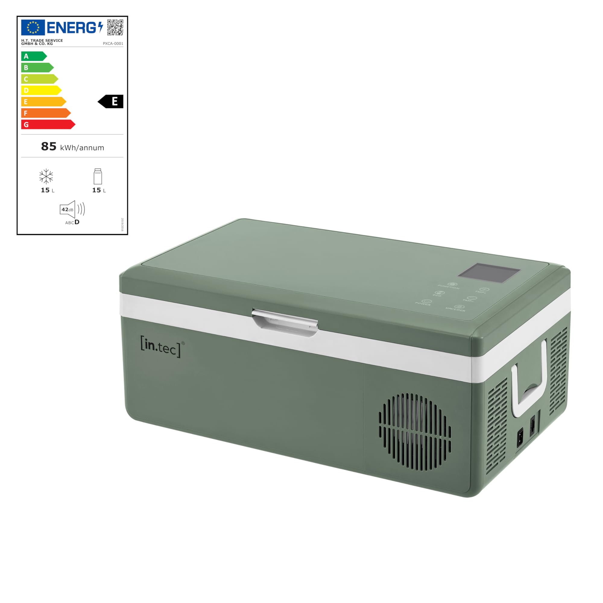 in.tec Lodówka samochodowa Arnesano z kompresorem 15 L, elektryczna zamrażarka do samochodów i gniazdek 12/24 V, przenośna zamrażarka z tworzywa sztucznego, kolor Army-Green