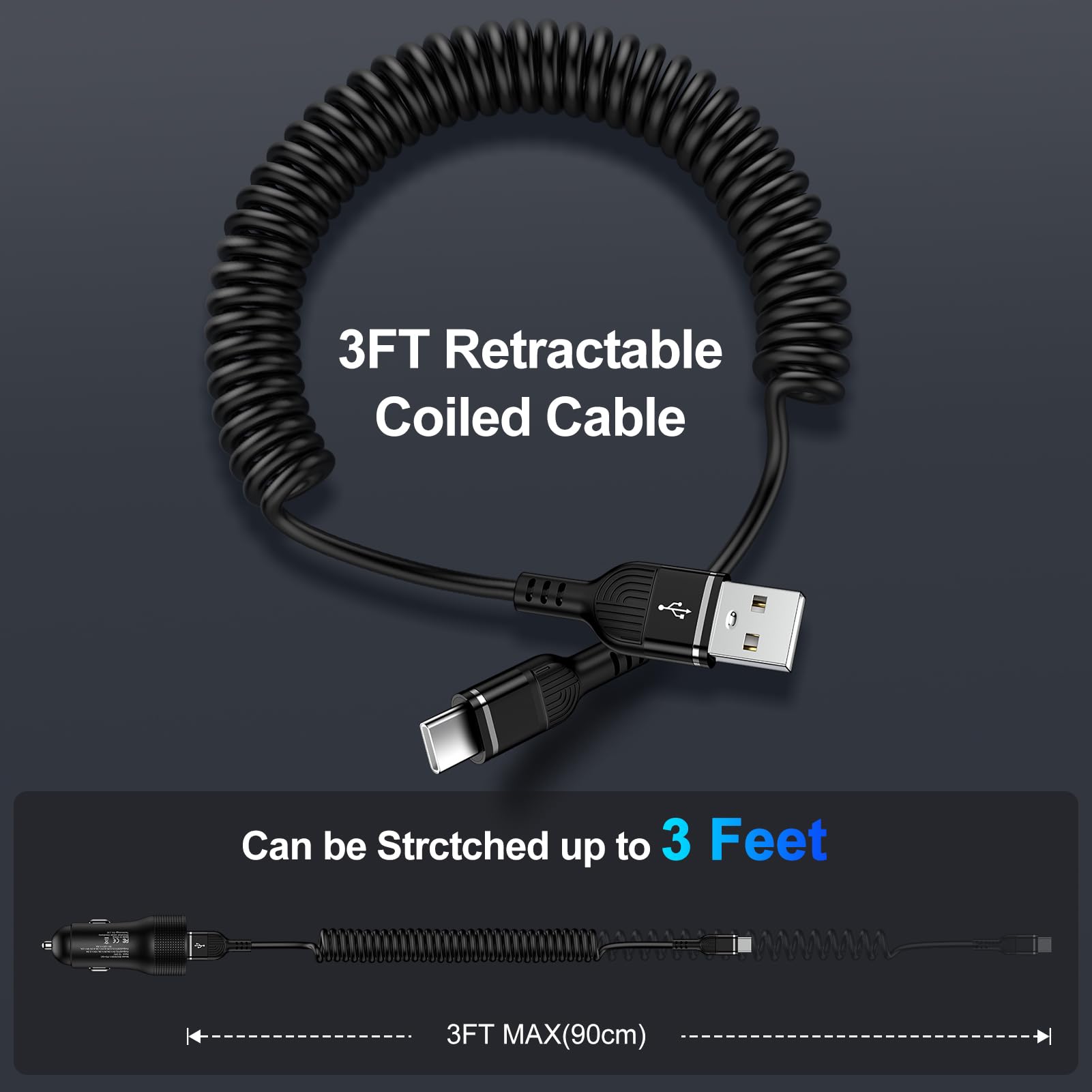 Cavo di ricarica da auto a spirale USB-C per iPhone 16e/16/16 Plus/16 Pro/16 Pro Max/15 Plus/15 Pro/15 Pro Max, cavo curvo da USB A a USB C, cavo a spirale per auto Android