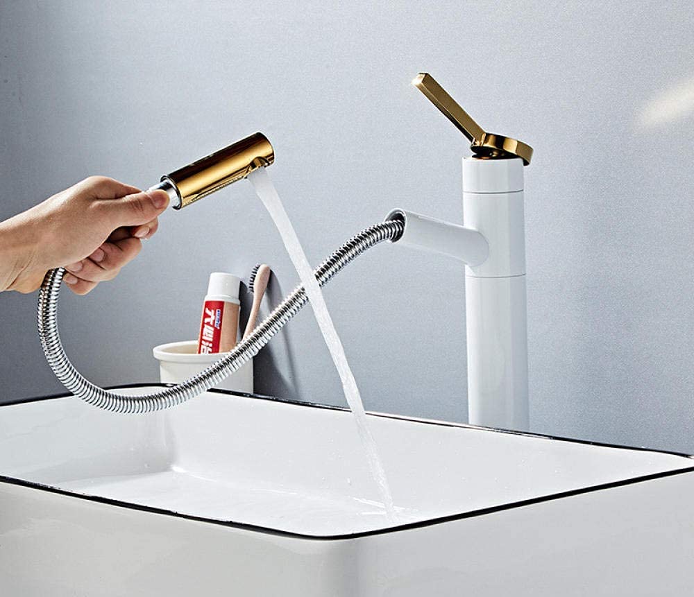 OIFAODAO Water tap, Pull Out Basin Faucet Brass Bathroom Sink Mixer Tap Hot Cold Brushed Gold with Hand Shower Head