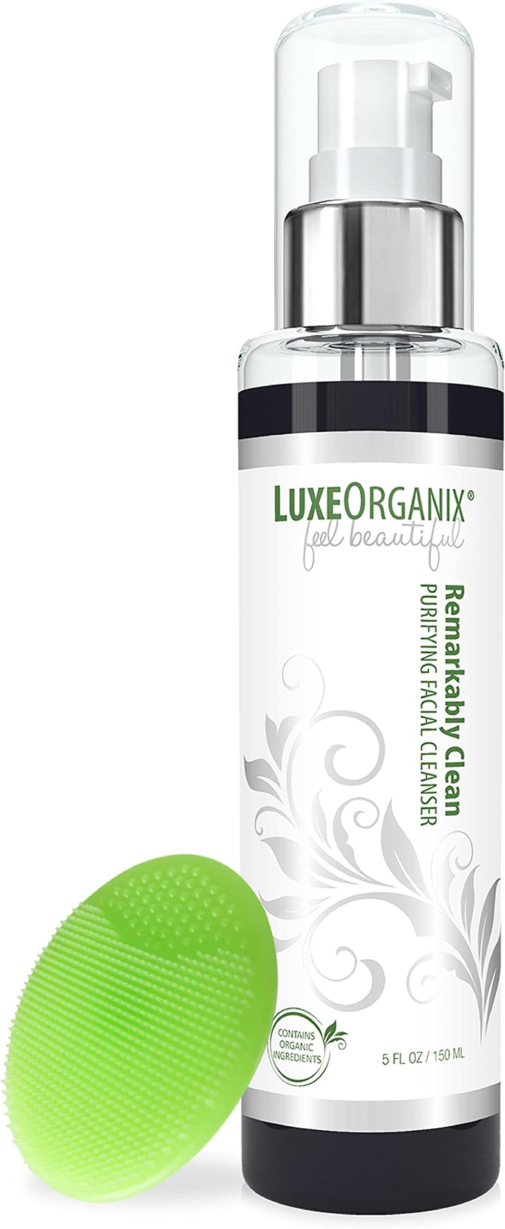 LuxeOrganix Purifying Organic Face Wash for Oily Skin with Bamboo Charcoal, Vitamin C, Aloe Vera, and Silicone Scrubby (5 oz)