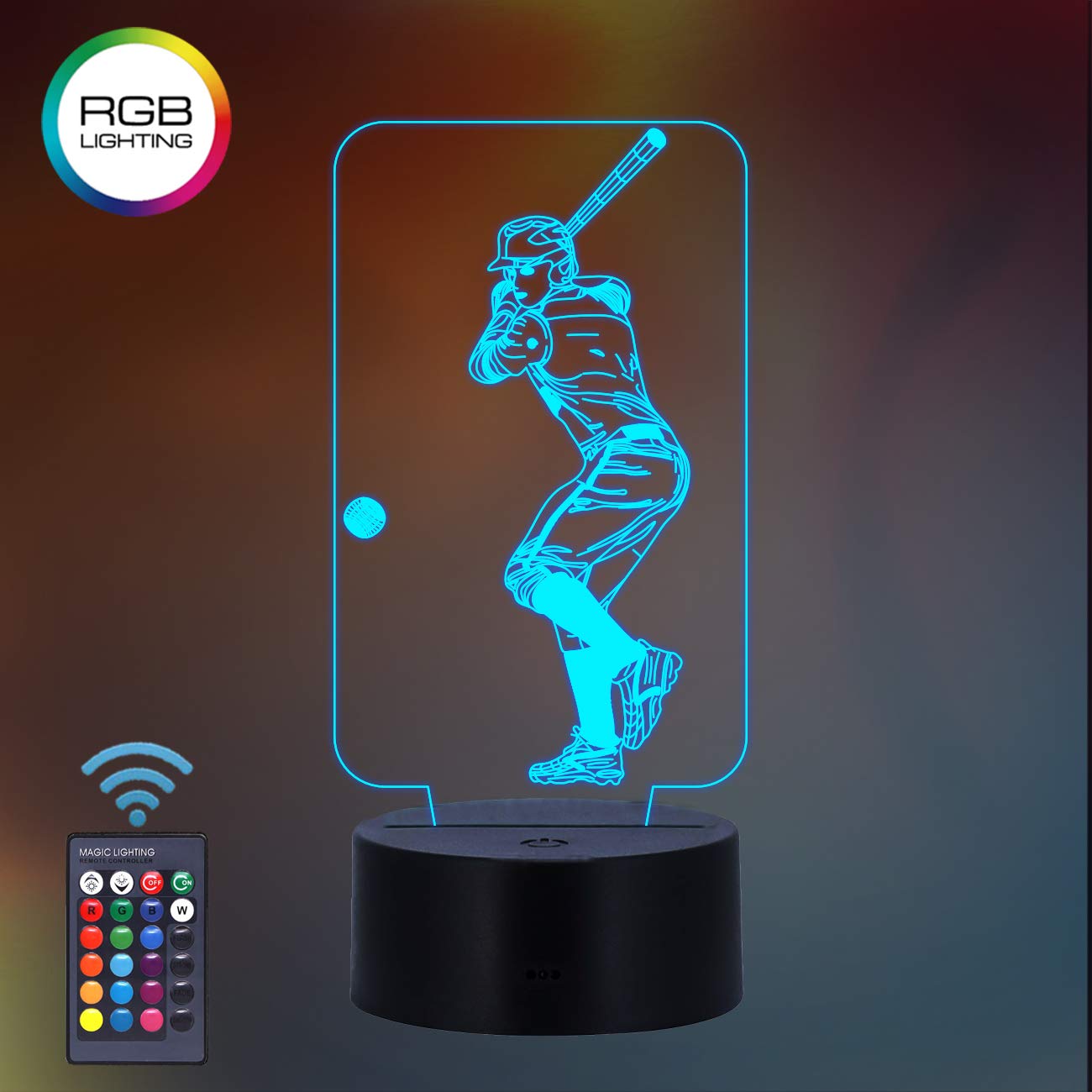KNFUI Baseball Gifts, Baseball Player 3D Night Light Illusion Lamp for Kids, Baseball Fan Gifts from Age 2 3 4 5 6+ Years for Child Girls Boys Men Women - 16 Colors Changing with Remote