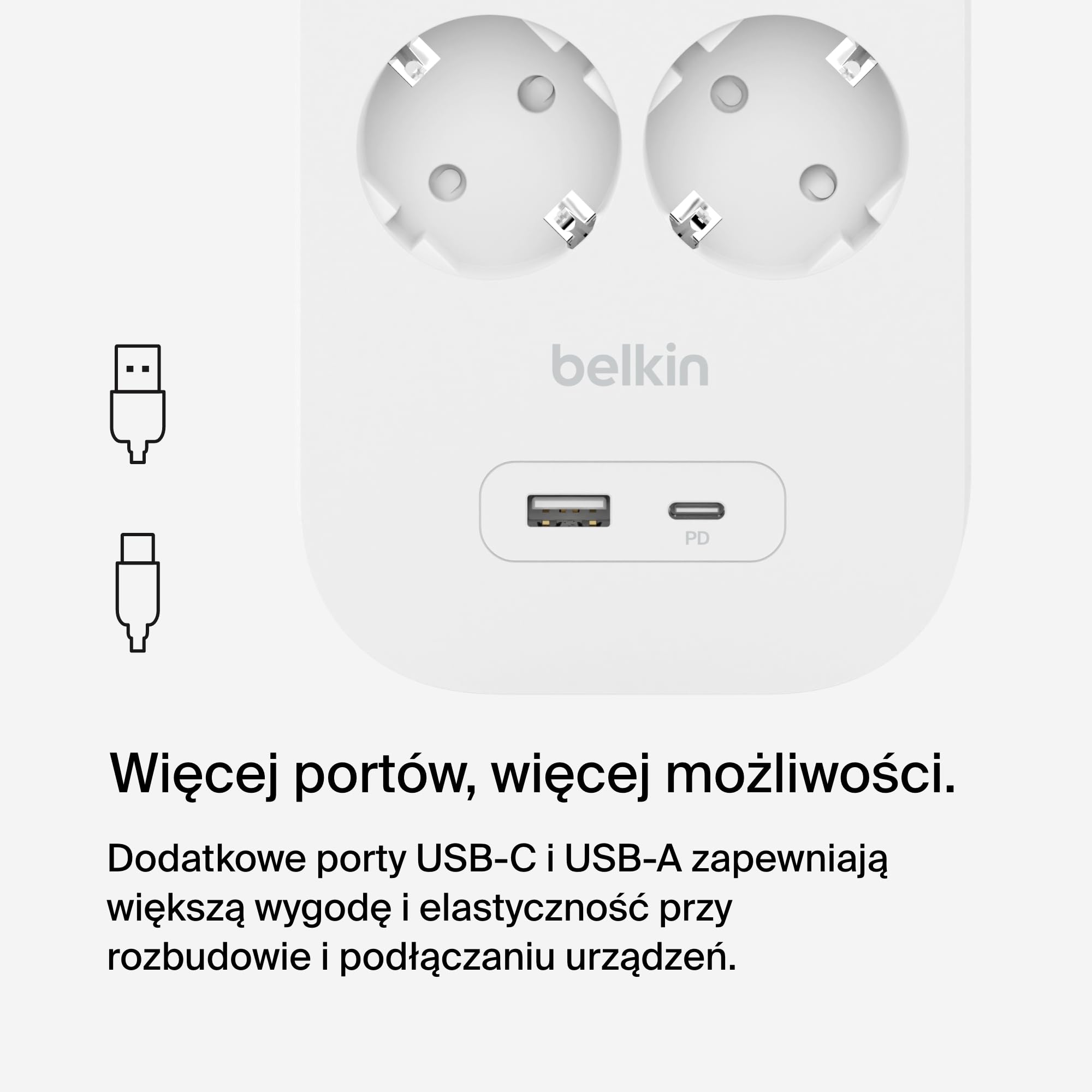 Belkin Listwa przeciwprzepięciowa z 6 gniazdami, montaż na ścianie, 6 gniazd AC, kabel 2 m i zielony wskaźnik świetlny – port USB-C i port USB-A z szybkim ładowaniem USB-C PD – poziom ochrony 650 J