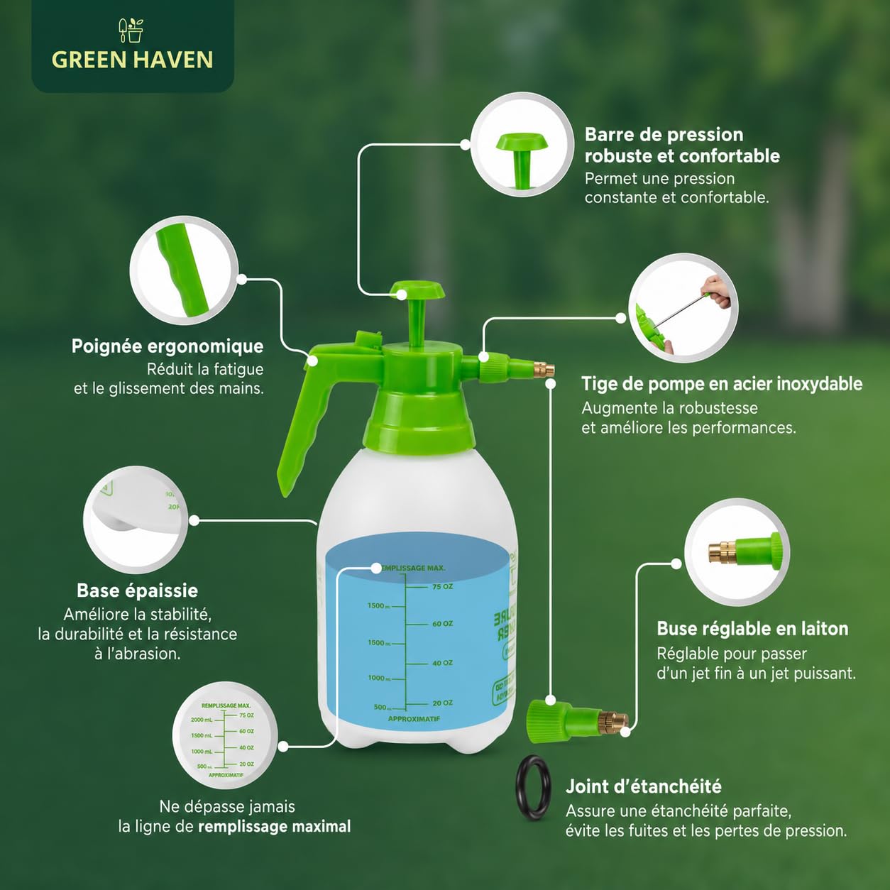 Green Haven Pulvérisateur à Pompe de 2 litres - Pulvérisateur à Pompe avec Sangle de Transport réglable - Pulvérisateur Haute Pression pour désherbant, pesticides, fongicides et Nettoyage