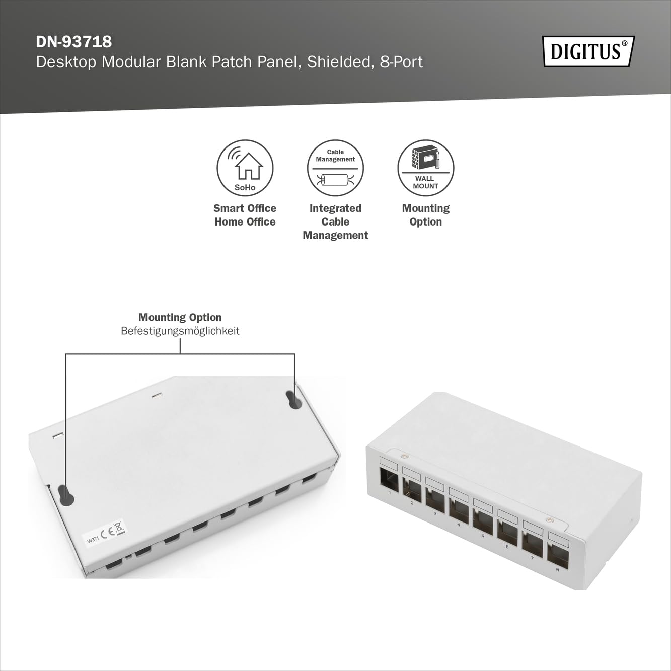 DIGITUS Patch panel modułowy - 8-portowy - ekranowany - do montażu na biurku lub na ścianie - zintegrowane zarządzanie kablami - panel dystrybucyjny modułu Keystone - jasnoszary
