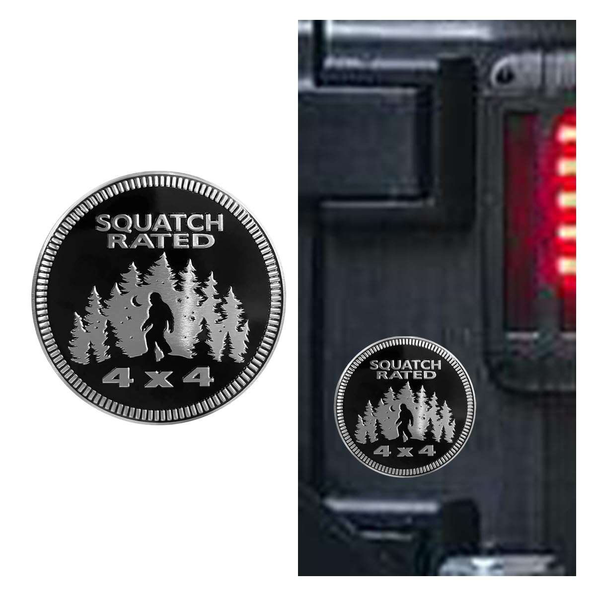 Squatch Badge Rated Car Emblem Sticker, 4 x 4 3D Metal Sticker Round Emblem Decal, Automotive Emblem Badge Decal Sticker, Car Exterior Decal for Jeeps Wrangler Vehicles Trucks RV SUV (Squatch A)