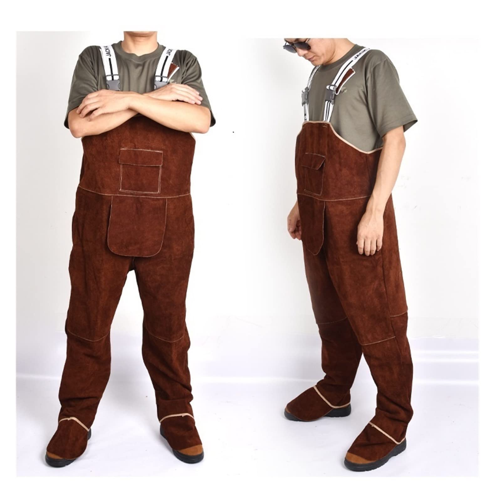 Tablier soudeur, Saut-salles unisexes Salopes de protection Pantalon de soudure de réparation de la flamme en cuir protecteur, Coverall de vêtements de protection(Brown,XL)