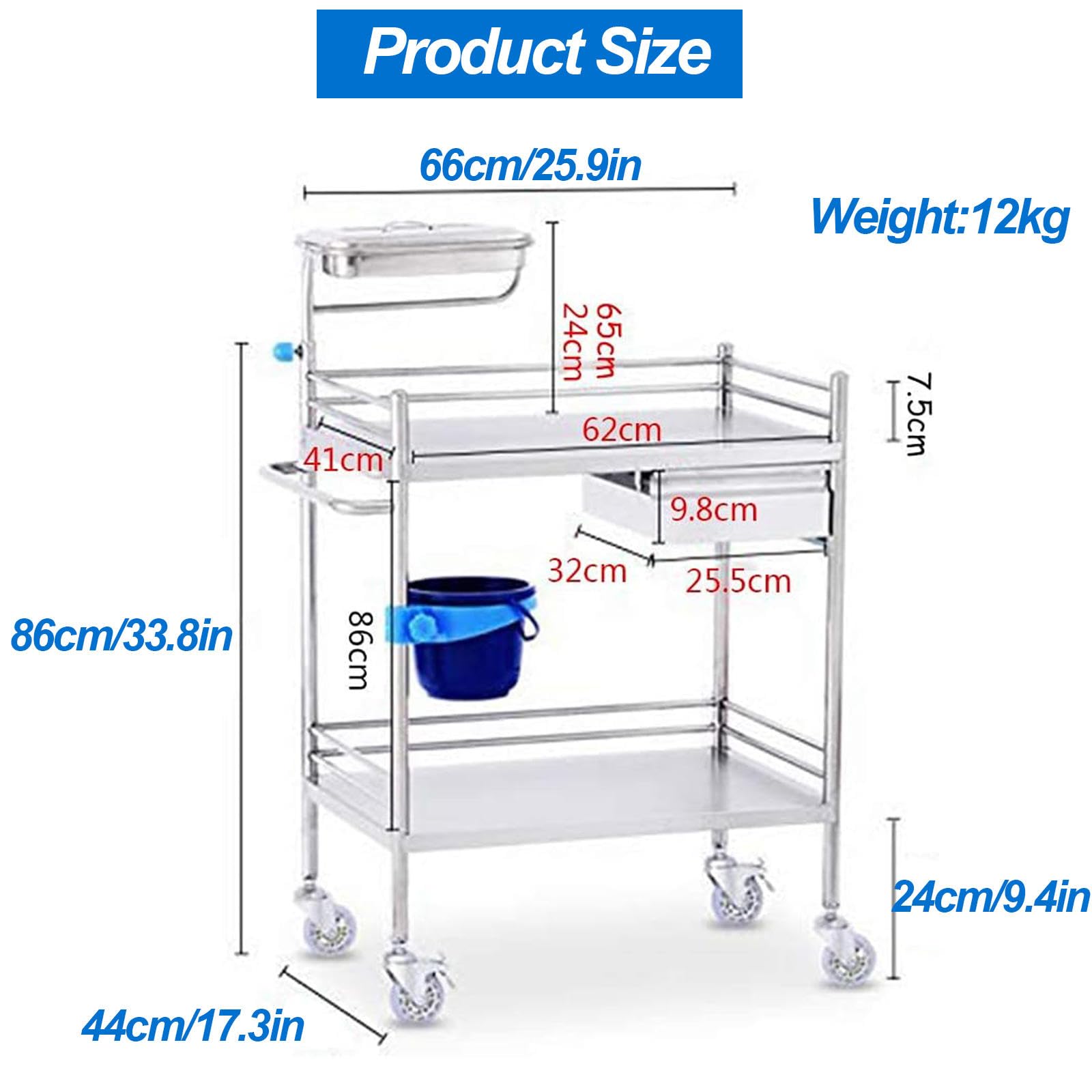Carrito utilitario de laboratorio de acero inoxidable – Carrito de 2 estantes para spas, salones y clínicas – Carrito de servicio con movilidad suave
