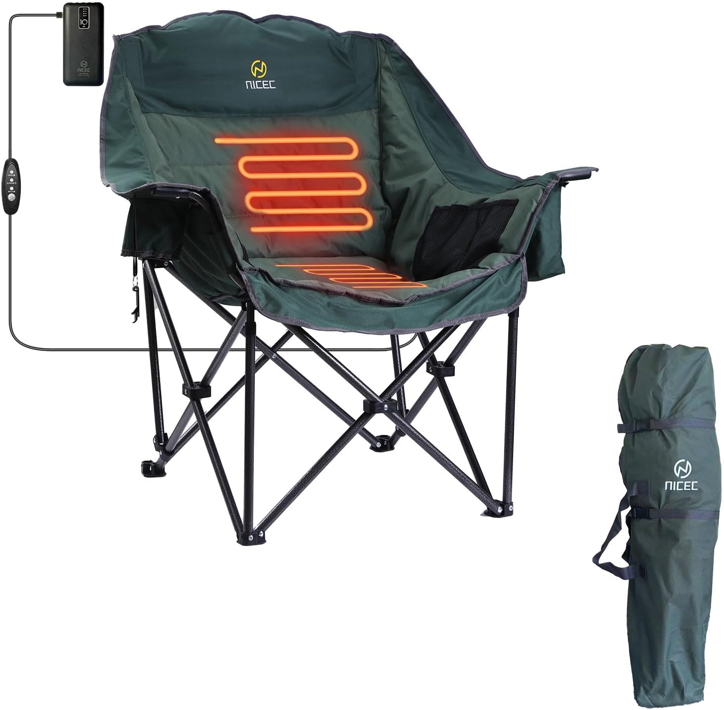 Nice C Heated Camping Chairs with Battery, Outdoor Heated Sports Chair, Oversized XL Padded Camping Chair, Wide&Thick, Heavy Duty 400lb, Carry Bag, Cup Holder & Cooler (One Green) 1-Pack with Power Bank