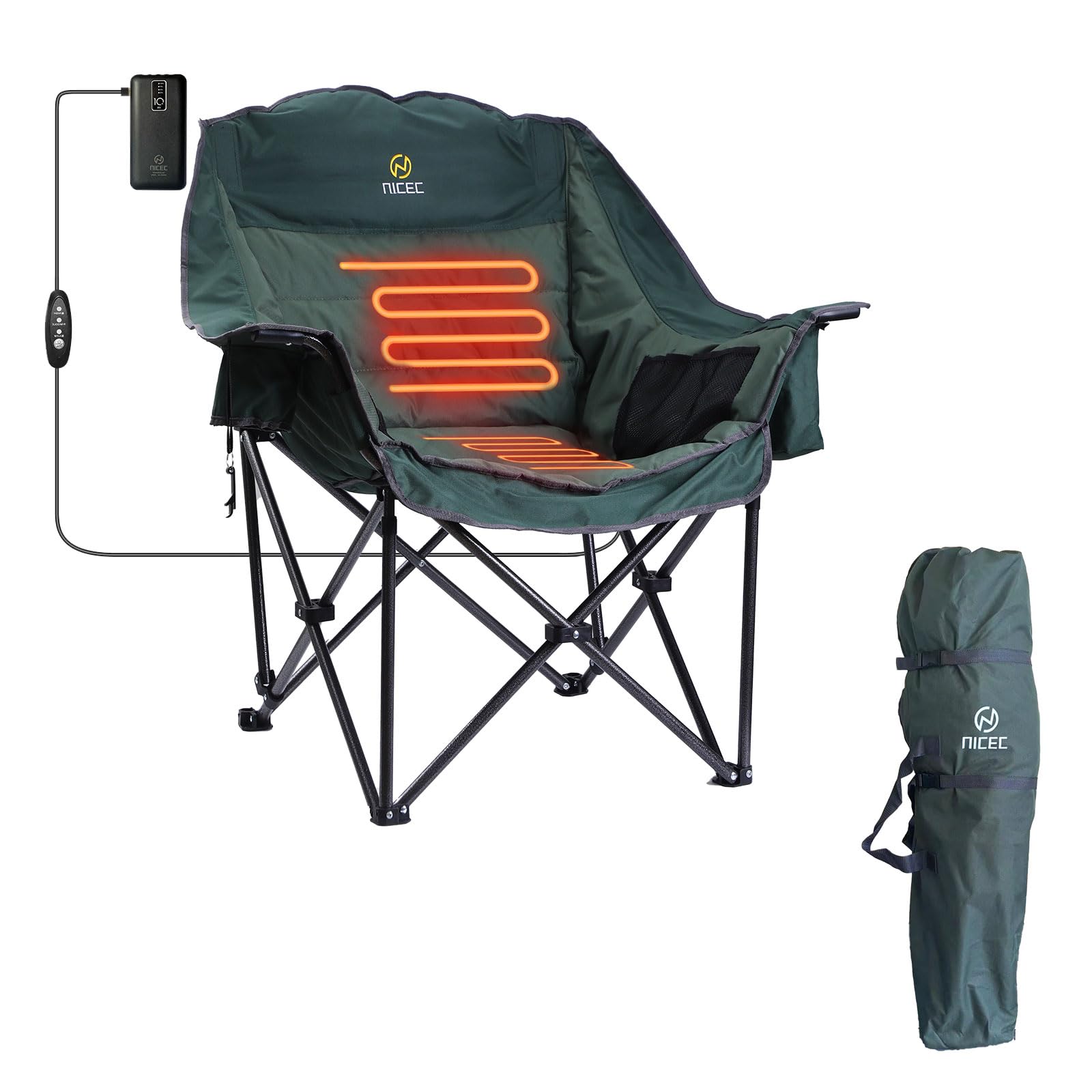 Nice C Heated Camping Chair for Adults, Outdoor Heated Chair with Battery, Oversized XL Foldable Padded Chair, with Power Bank Included, for Picnic, Outdoors, Travel (1 Pack, Green)