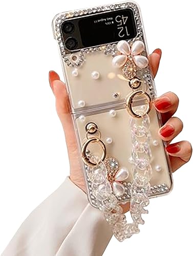 Funda brillante para Samsung Galaxy Z Flip4 2022 con cadena, para mujeres y niñas, bonita funda brillante con purpurina, flor de perla, diamantes de