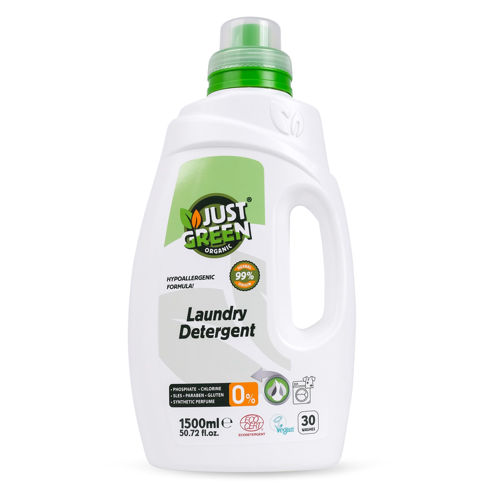 Just Green Organic Laundry Liquid 1500ml, Non-Toxic Formula, Vegan & Eco-Friendly Washing Liquid Detergent, Safe Baby Detergent, Recyclable Packaging
