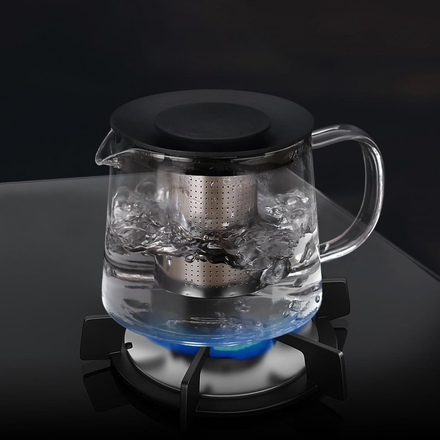 Tebery Tetera de cristal de 1,5 L con filtro de acero inoxidable resistente al calor, infusor extraíble para té y café, tapa de plástico