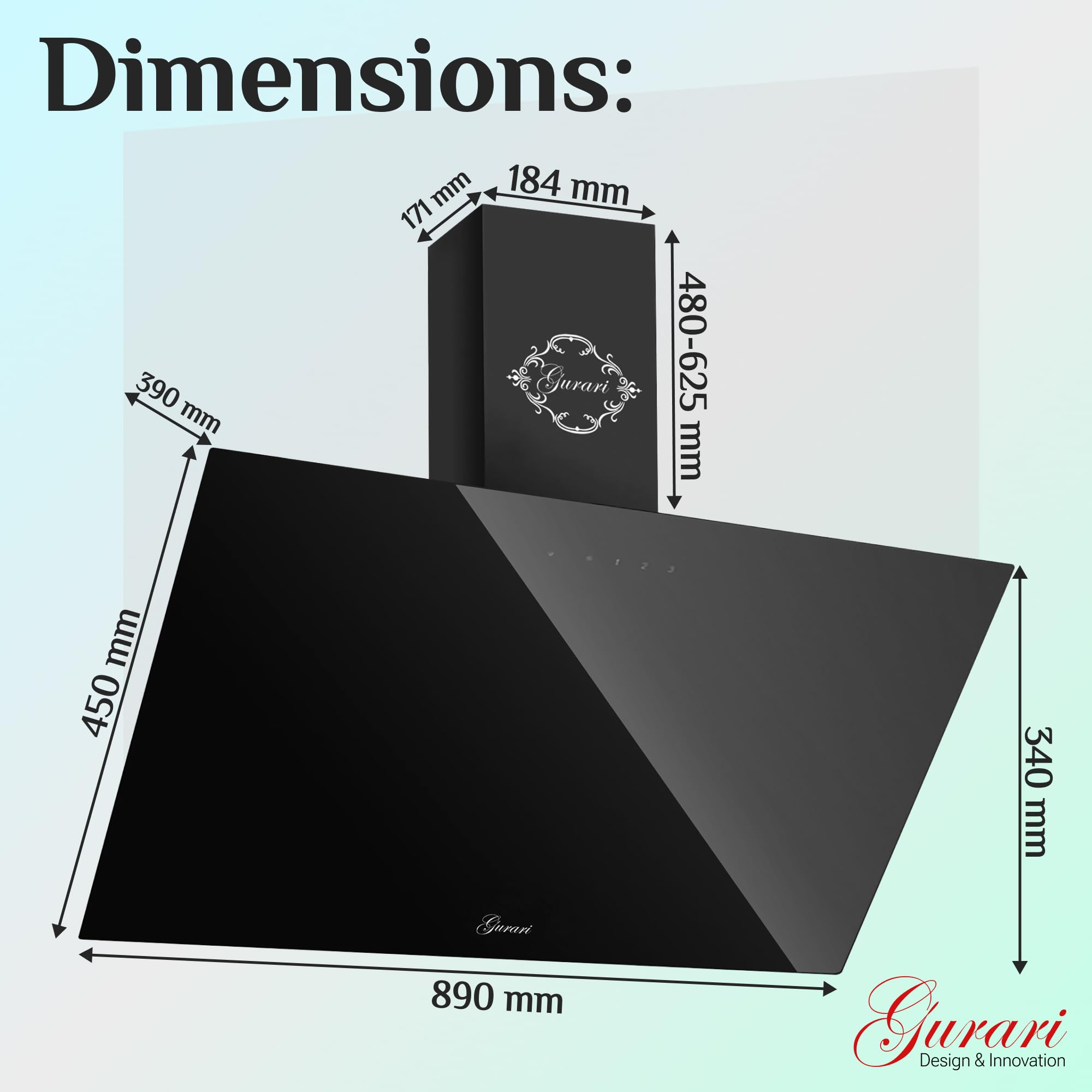 Gurari Cappa Aspirante 90 cm a Parete GCH D 286 Vetro Nero | Design Senza Testa e Inclinato | Motore 1000 m³/h | TouchControl, Telecomando Incluso | LED | Timer | Filtro Lavabile | Scarico e Ricircolo