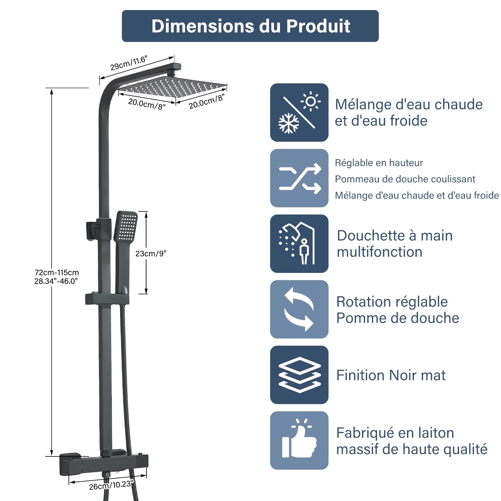 Noir Colonne de Douche Thermostatique avec Mélangeur Ensemble de Douche Réglable en Hauteur Pluie Pommeau de Douche Carré avec Douchette à main Acier Inoxydable