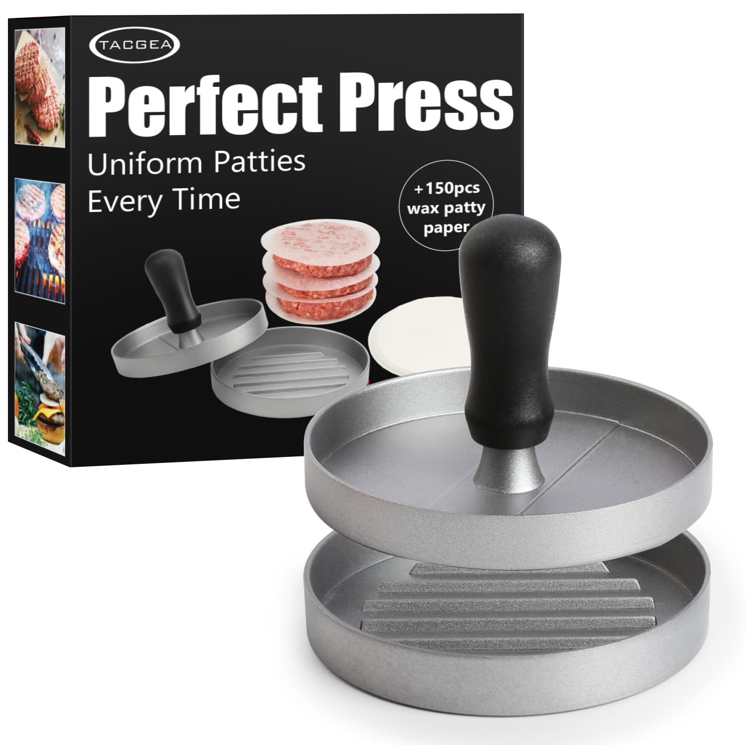 TACGEA Burger Press 150 Patty Papers Set Antihaft Hamburger Press Patty Maker Mold with Wax Patty Paper Sheets Meat Beef