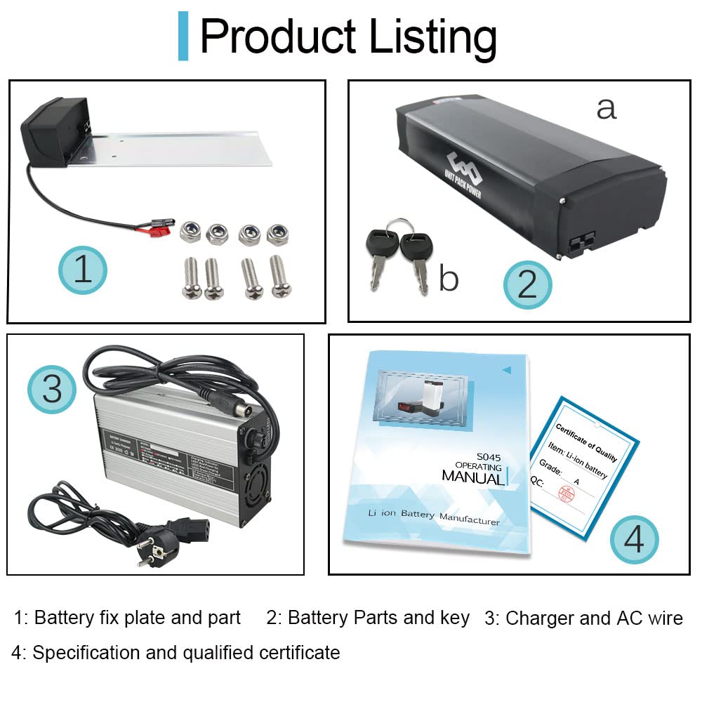 Pedelec Battery 36 V 48 V 52 V E-Bike Battery 250 W/350 W/500 W /750W/1000W /1800W Pannier Rack Ebike Battery with Pannier Rack for 24/26/28 Inch V-Brake Rear Wheel Bike Mifa, Aldi, Prophete, Rex