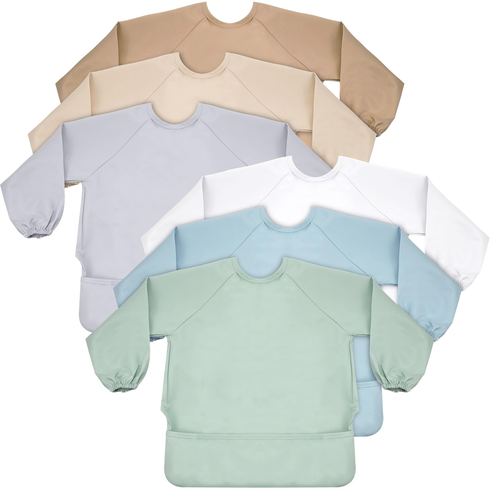 Jeyiour 6 Pack Long Sleeve Baby Bibs Mess Proof Bib Washable Feeding Bib Waterproof Smock Bib for Infant Toddler 6-24 Months