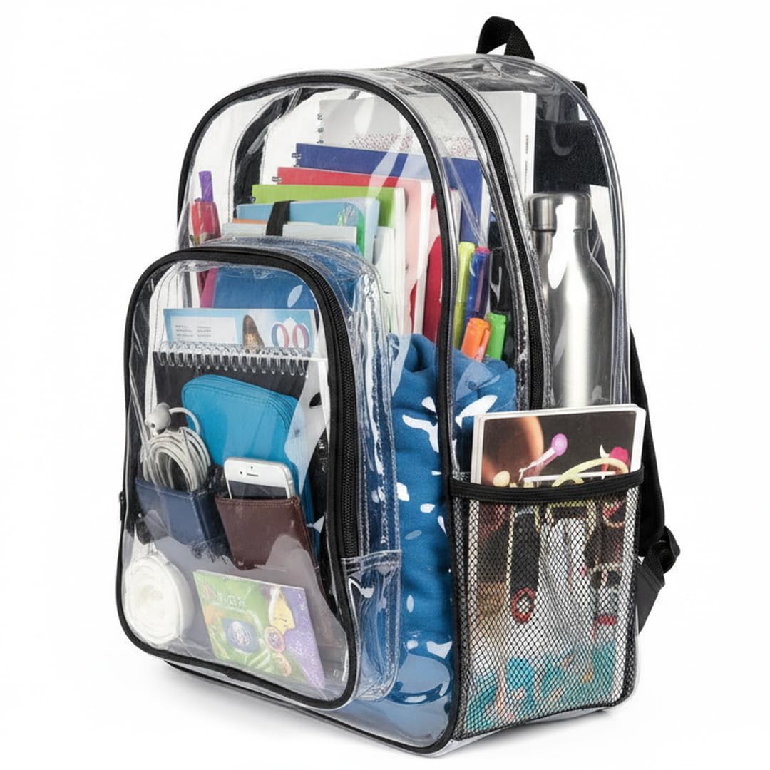 Keepcross Clear Backpack for School Heavy Duty Transparent PVC Bookbag for Teens Students See-Through Design with Reinforced Straps