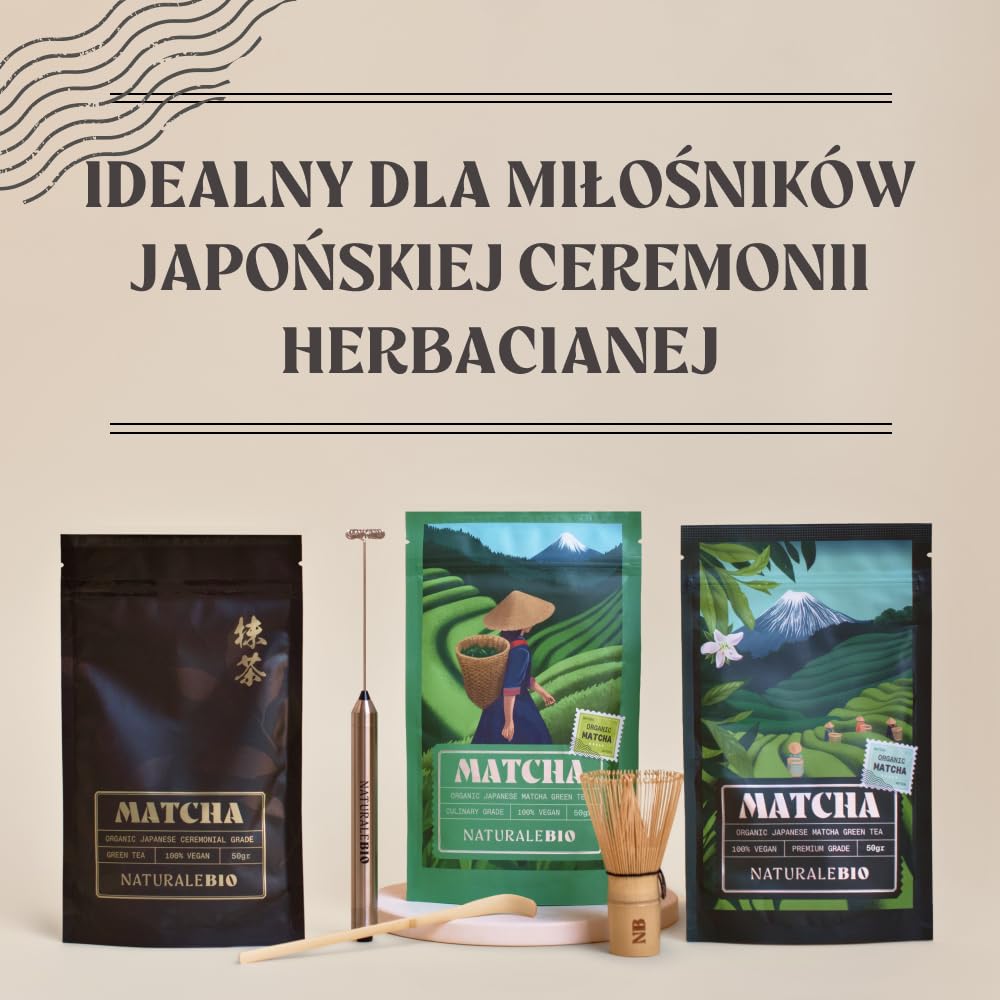 NaturaleBio Matcha Set Prezentowy 50 g Matcha Miotełka Miska | Zawiera 50 g premium matcha, bambusowy chasen, miskę, stojak i łyżeczkę. Gotowy zestaw prezentowy.