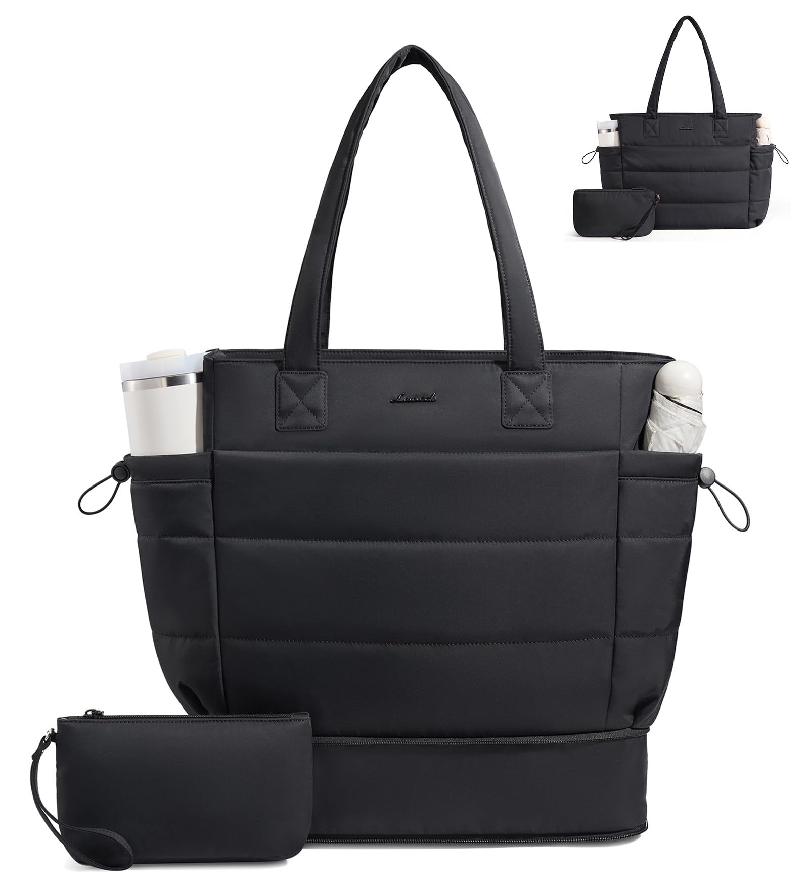 LOVEVOOK Tote Bag for Women with Giant Tumbler Holder Pocket, Puffer Work Travel Laptop Handbag with Zipper for Nurse Teacher Black-bottom Expansion M-15.6 Inch-Bottom expansion
