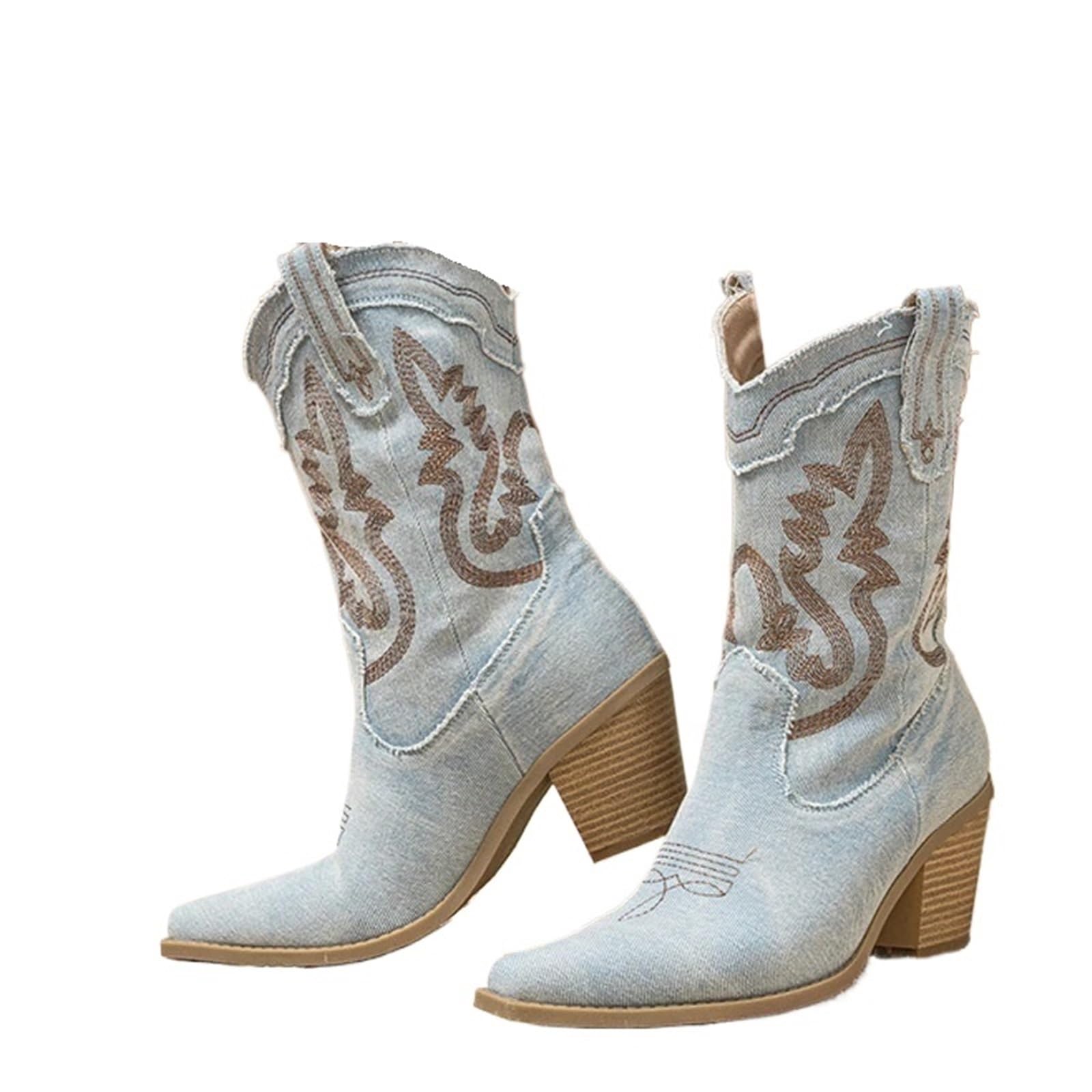 Camperos Texani Donna Stivaletti da Donna Occidentali, Sexy, con Punta Spessa e Tacco Alto, da Cowboy, Scarpe da Donna, Taglia 42(Shallow Blue,36)