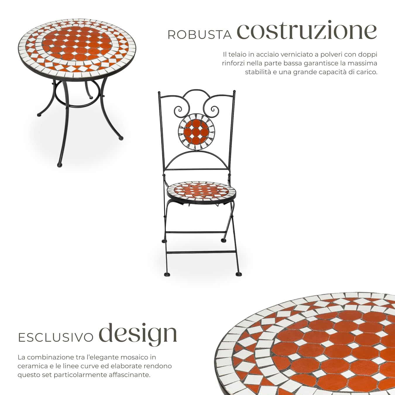 tectake Set da Giardino con Lavorazione a Mosaico, Tavolino e Sedie Pieghevoli, Telaio in Metallo, Marrone