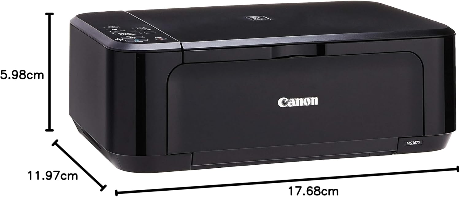 Canon PIXMA MG3670 printer with dimensions labeled in centimeters