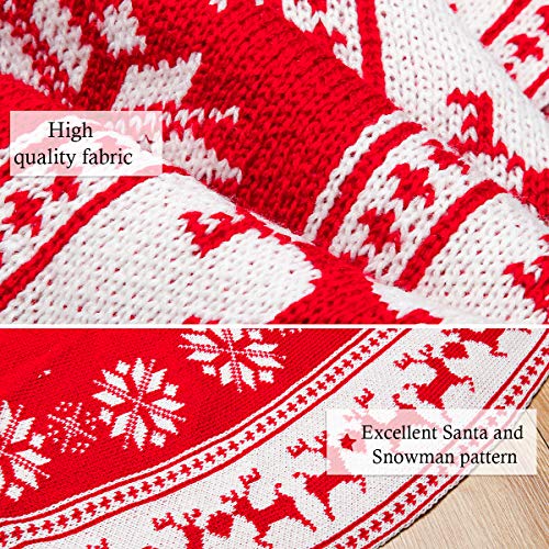 FUNSEED Christmas Tree Skirt, 48 Inches Large Thick Knitted Red Reindeer and White Snowflakes Pattern Knit Xmas Tree Mat for Holiday Family Home Decoration - Thumbnail 5