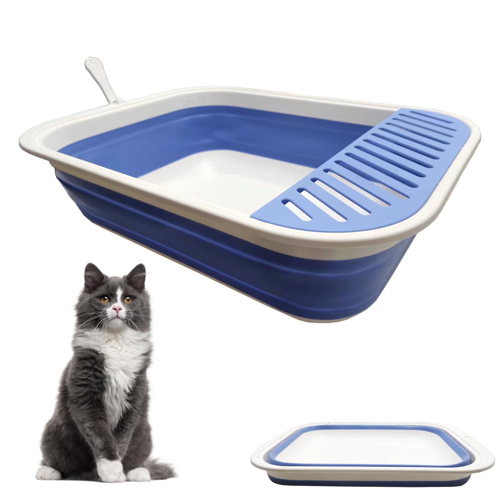 Collapsible Large Cat Litter Box, Open Foldable Cat Potty Pan with Scoop, Adult cat Litter Tray Anti-Splashing Waterproof Travel Toilet (Blue, Large)