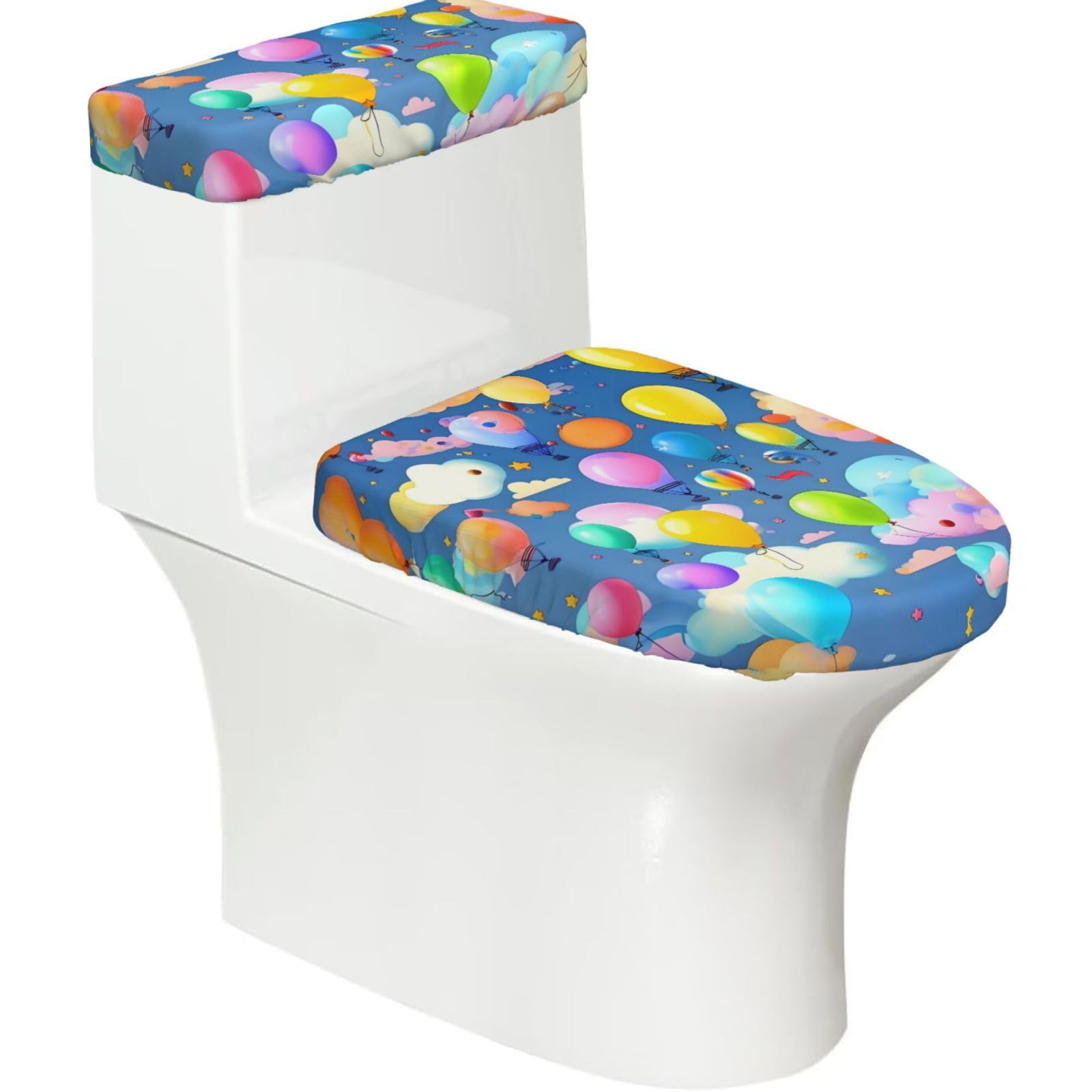 Colorful Balloons Elastic Toilet Cover Set of 2-Stretchy Lid and Tank Covers for Bathroom, Soft Washable U Shape Toilet Decor
