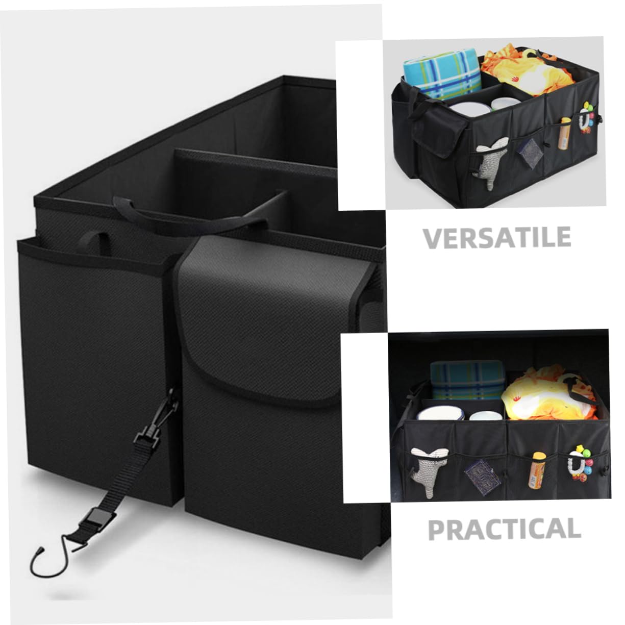 Kofferraum Organizer aus Oxfordstoff Schwarz mit Mehreren Fächern und Taschen Robustes Design Leicht zu Verstauen für Auto und Suv
