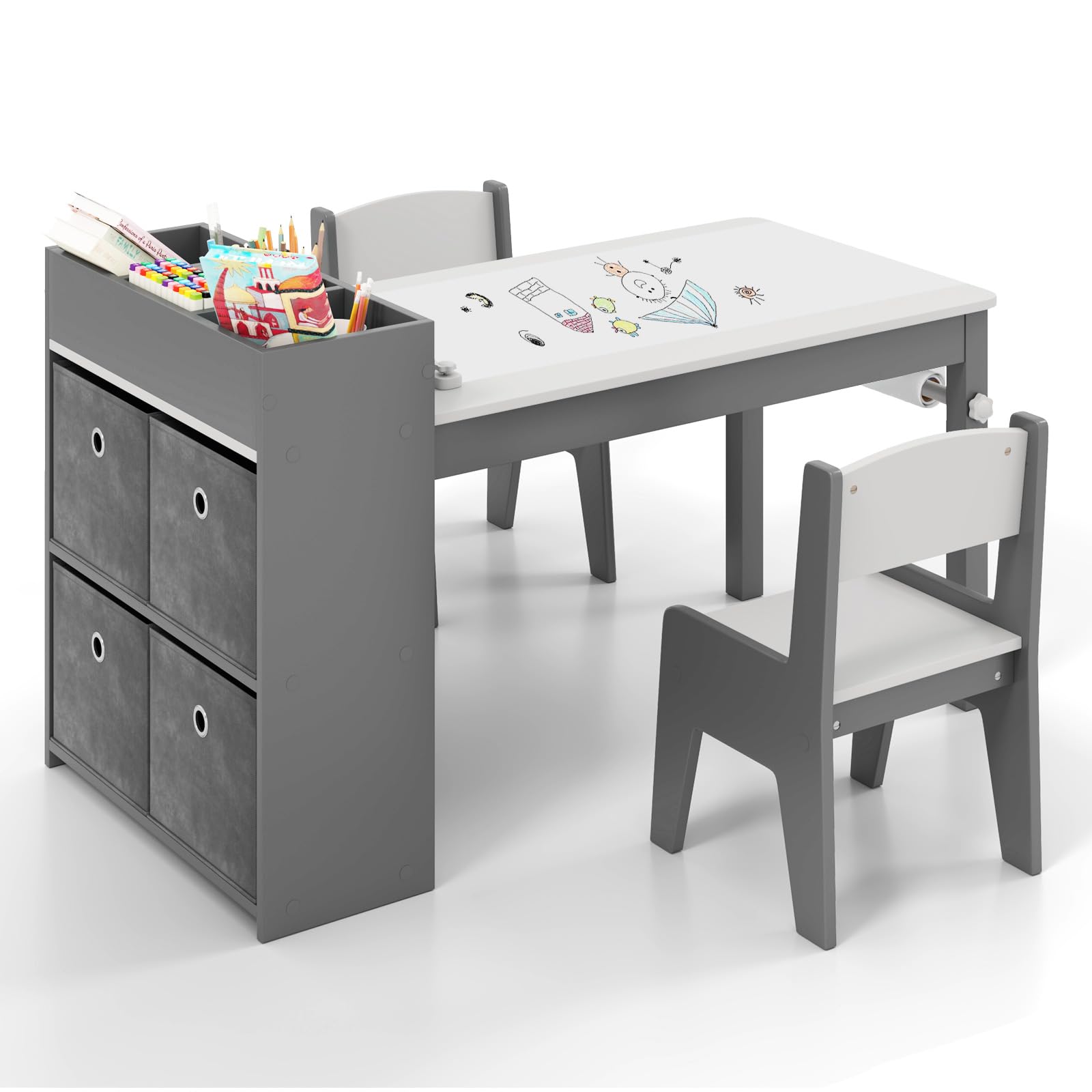 COSTWAY Juego de Mesa y Sillas para Niños, Escritorio de Dibujo con 2 Sillas, Rollos de Papel y Soporte para Papel, Compartimentos y Estantes Abiertos,4 Cestas,Mesa de Actividades para Niños (Gris)