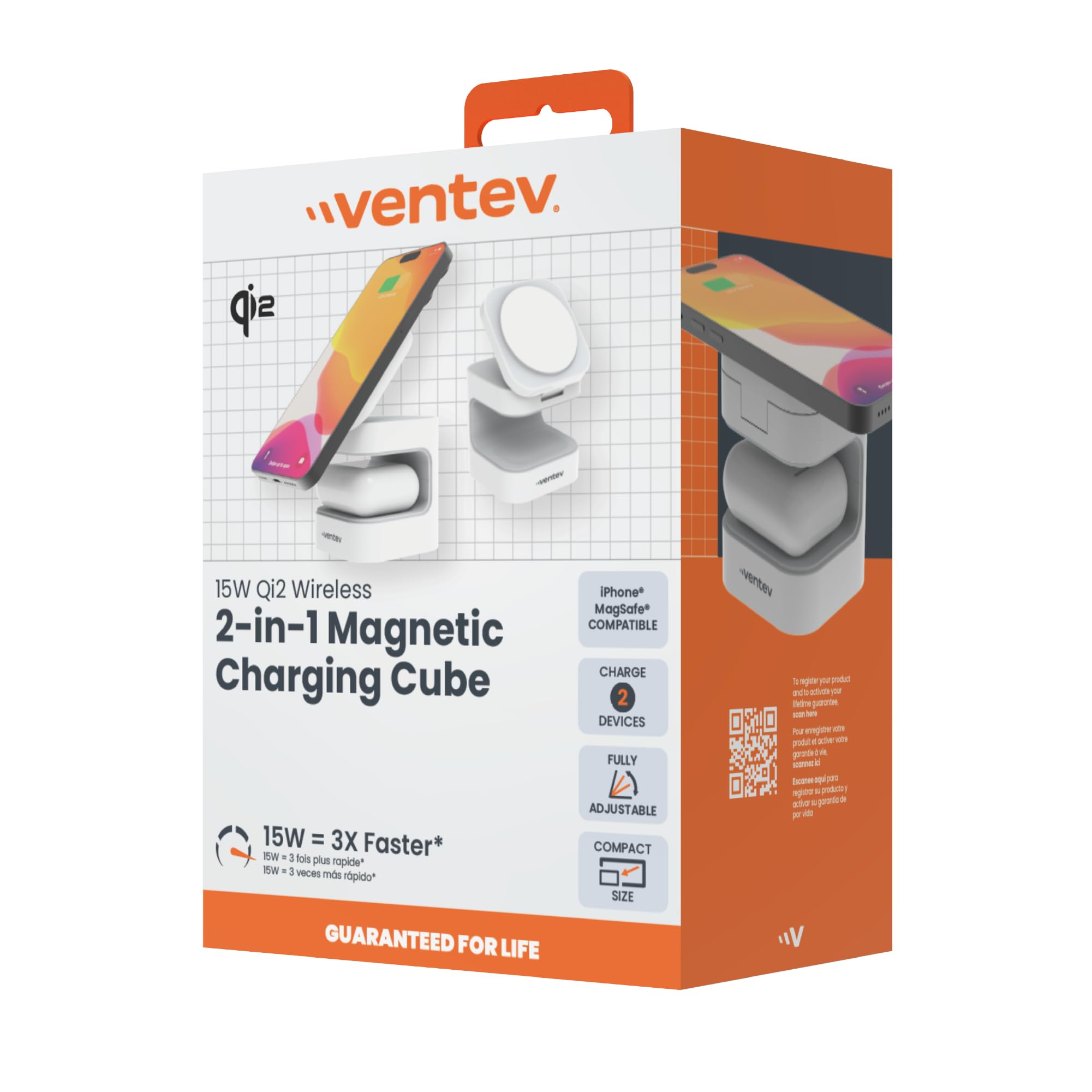 Ventev Supporto per caricabatterie wireless Qi2 MagSafe da 15 W, stazione di ricarica 2 in 1 per iPhone 16/16 Pro, 15/14/13, AirPods Pro | Caricabatterie wireless veloce con supporto regolabile