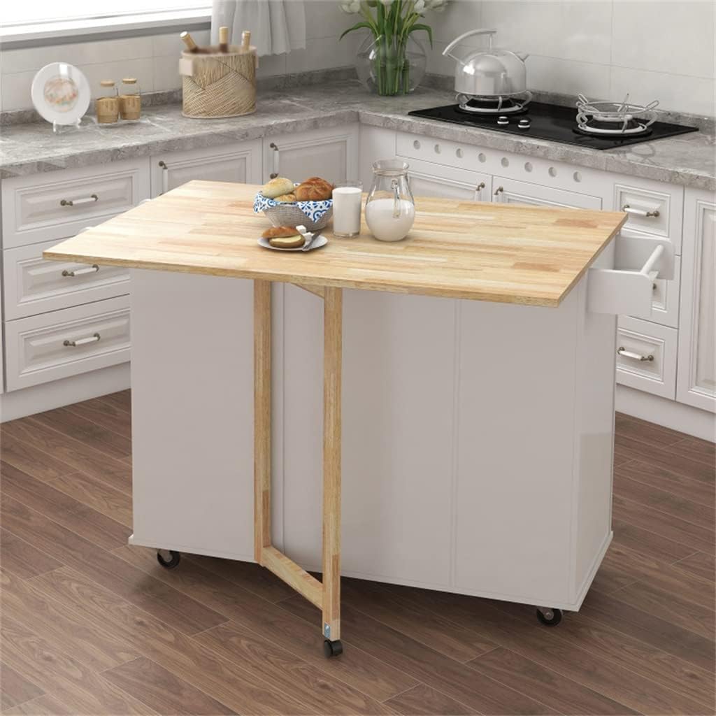 Rolling Kitchen Island Cart with Wheels Solid Wood Countertop and Spice Rack, Rolling Kitchen Island for Kitchen (D As Shown)