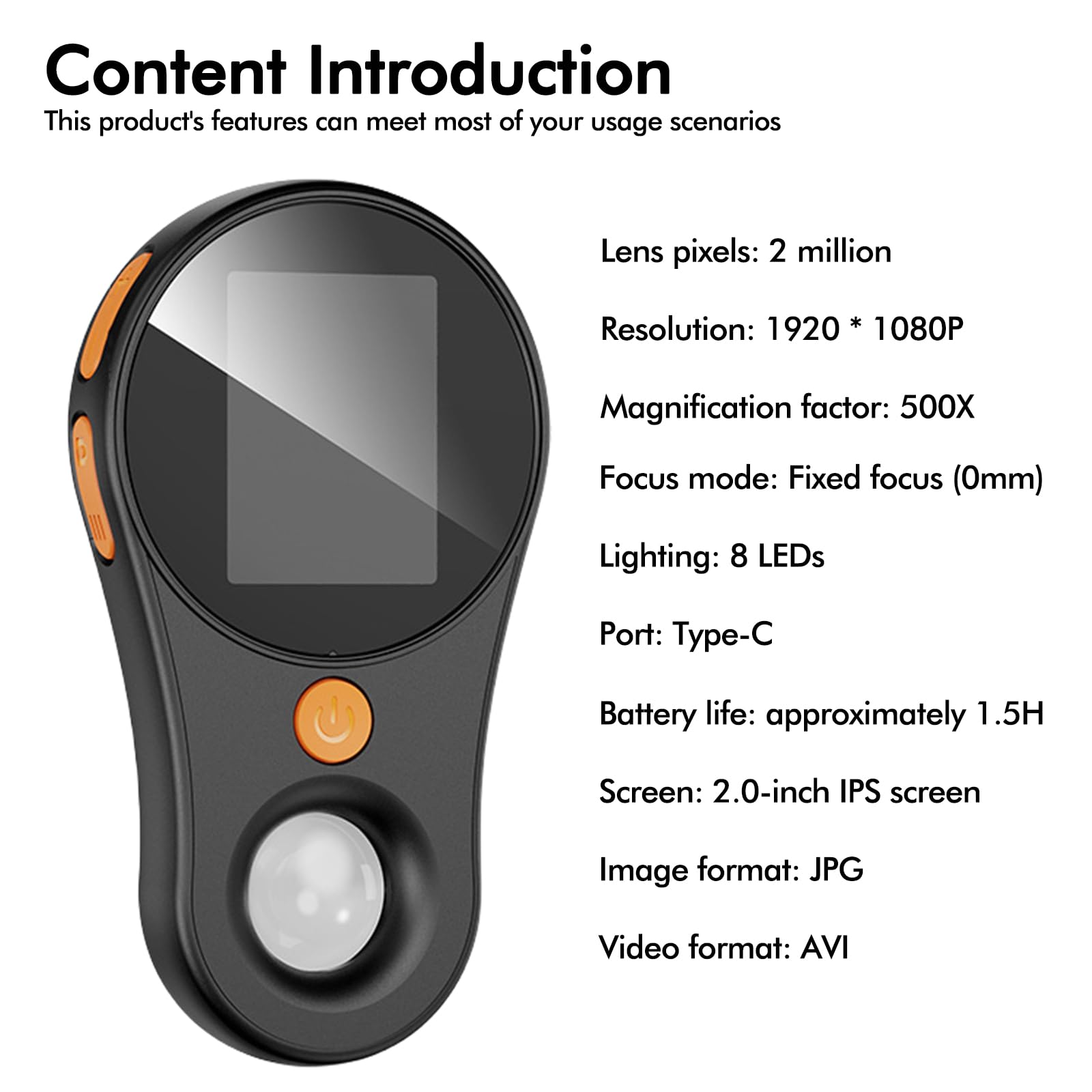 Microscopio digital recargable 500X: microscopio de mano con pantalla IPS de 2,0 pulgadas | Microscopio de bolsillo para niños/análisis de PC | 8 lupa LED para exteriores/interior detección