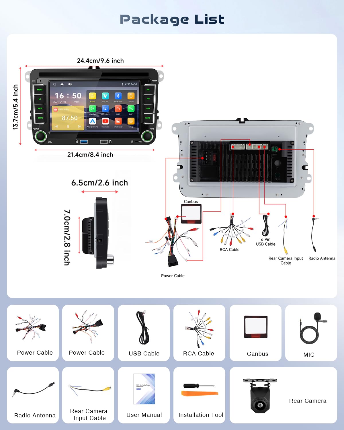 Roinvou Radio samochodowe do VW Golf 5 6 Passat Polo Tiguan Touran Caddy Skoda Wireless CarPlay Android Auto MirrorLink, 7-calowy ekran dotykowy radia z Bluetooth, DSP FM SWC Kamera cofania