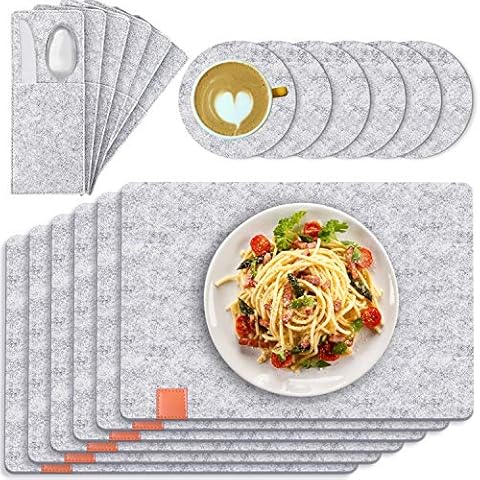 Jubor Felt Placemats, Washable Place Mats Set of 6, with 6 Felt Table Mats 44x32cm, 6 Coasters and 6 Cultery Bags, Heat-Resistant and Wipeable Placemat Set for Dining Party Home Gathering Cover