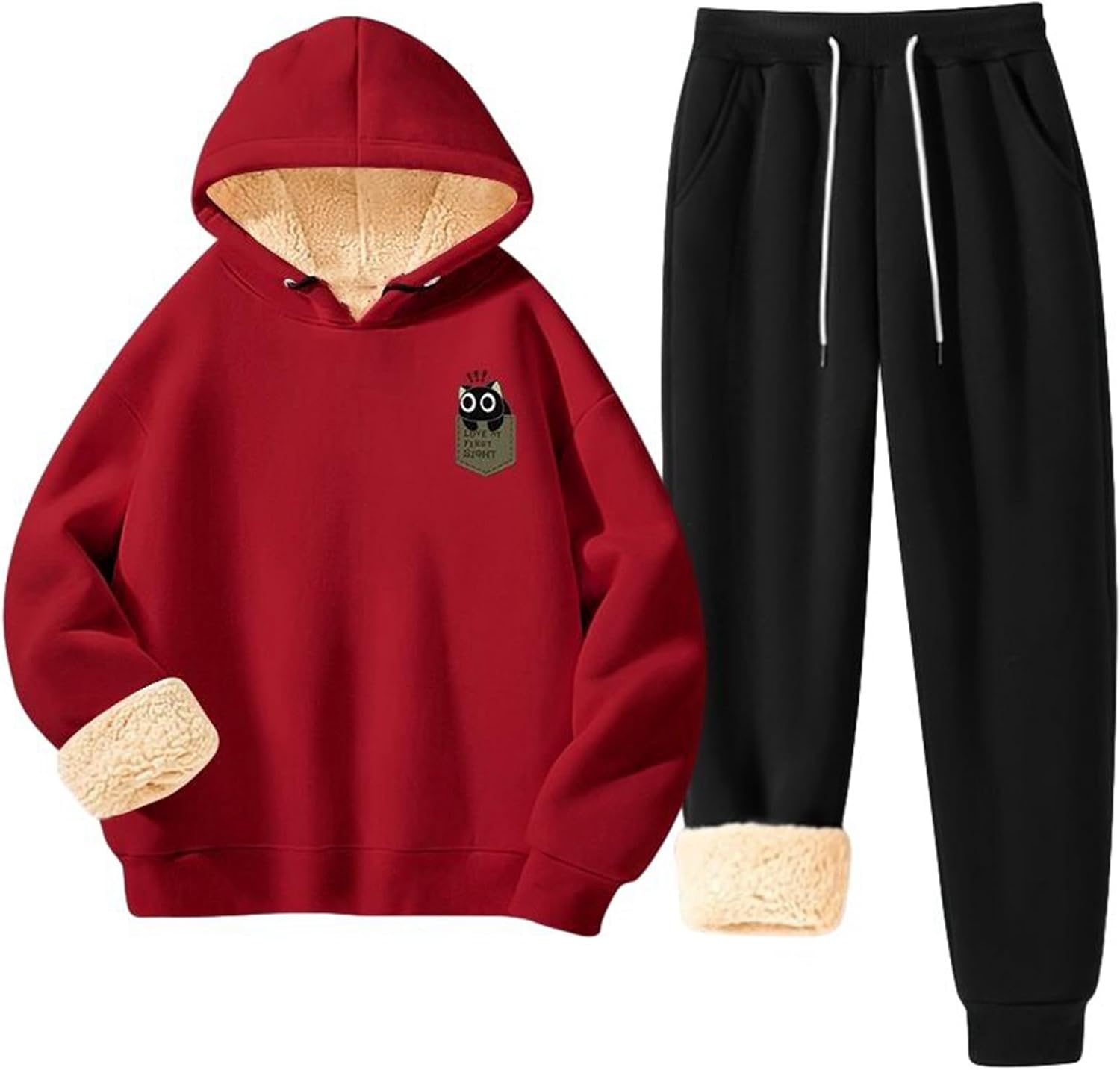 [GUREITOJP] ジャージセット メンズ 2点セット 長袖 フード付き 裏ボア 猫柄 パーカー ズボン スウェット ゆったり