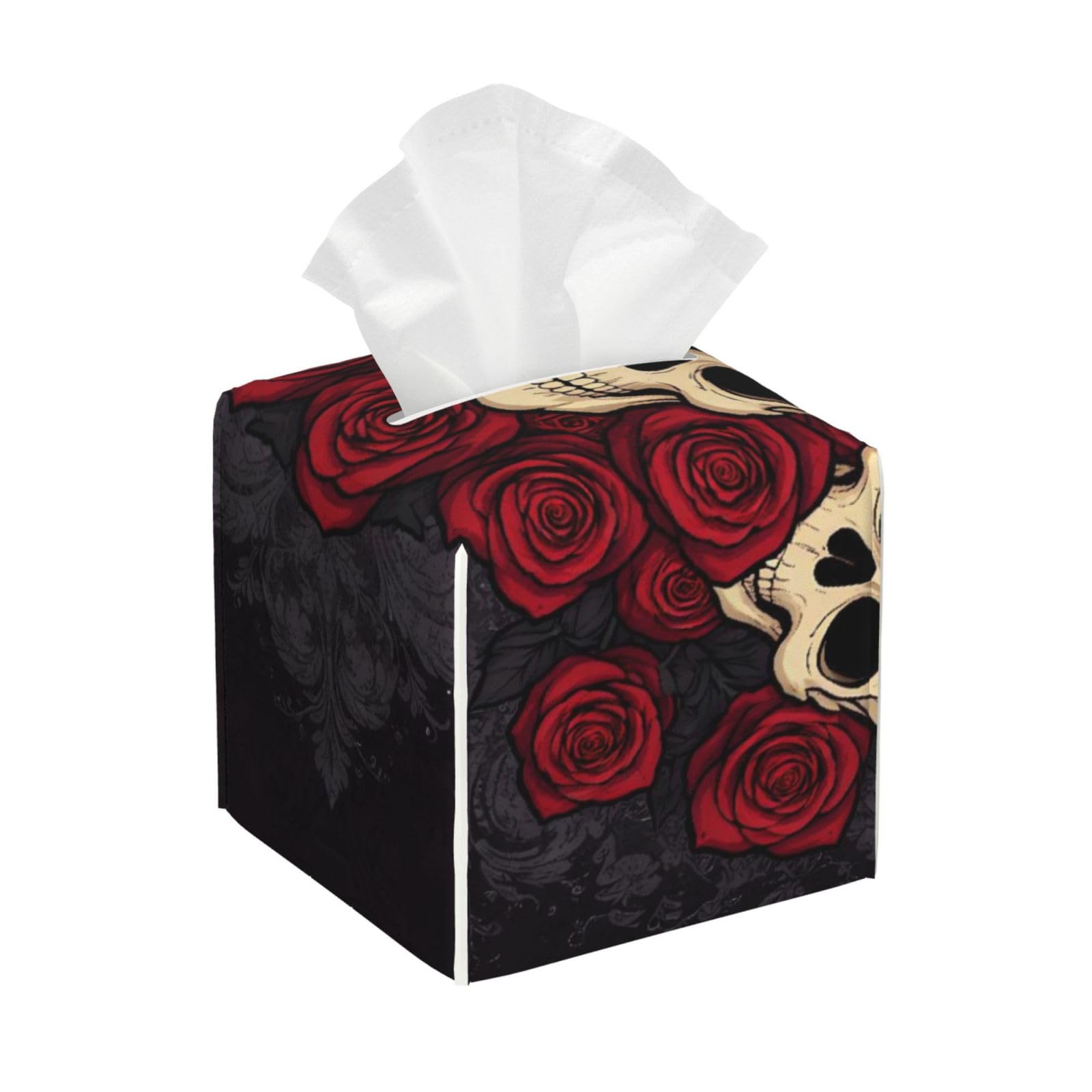 Red Roses Magic Hat Skeleton Day of The Dead Sugar Skulls Leather Tissue Box Cover Holder Square Facial Paper Organizer 5.2" X 5.2" X 5.2"