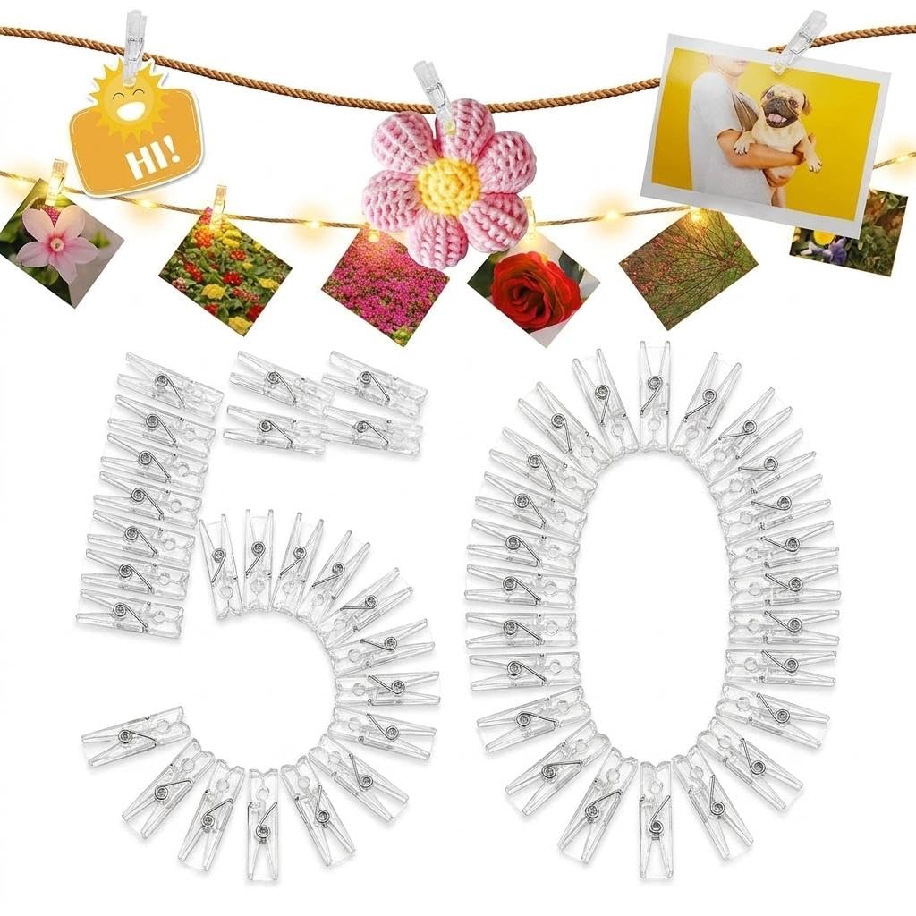50 Pcs Clear Mini Clips, Transparent Plastic Pegs for Hanging Photos