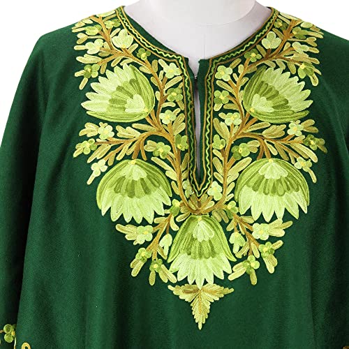 NOVICA Artisan Handmade Wool Poncho Kashmiri Chain Stitch Floral Embroidery Green Clothing Embroidered India ' Kashmiri Forest'3